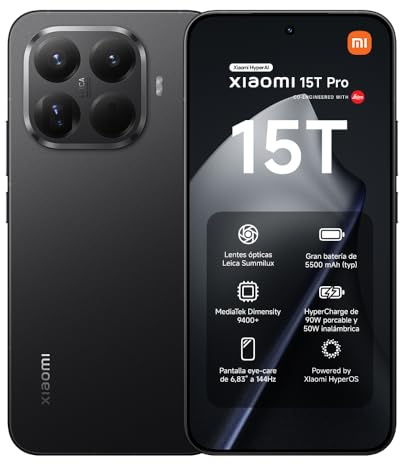 XIAOMI 15T Pro - Smartphone de 12+1024GB, Lente óptica Leica Summilux, MediaTek Dimensity 9400+, Pantalla Eye Care de 6,83 144 Hz, HyperCharge de 90W, Cargador no Incluido, Negro (Versión ES)