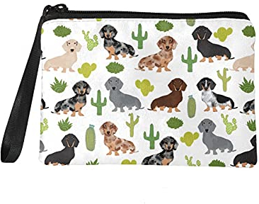 chaqlin Damen Geldbörse Wechselgeldbeutel Reißverschluss Kleine Geldbörse Brieftaschen mit Dackel Hund Kaktus Muster Kosmetiktasche mit Riemen