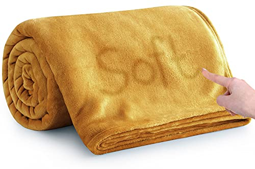 MOONLIGHT20015 Fleece Throw Blanket for Bed - Soft Cosy Fluffy Blankets for Sofa, 400 GSM Silk Touch Warm Double Throws for Audlts, Mustard, 150x200 Cm
