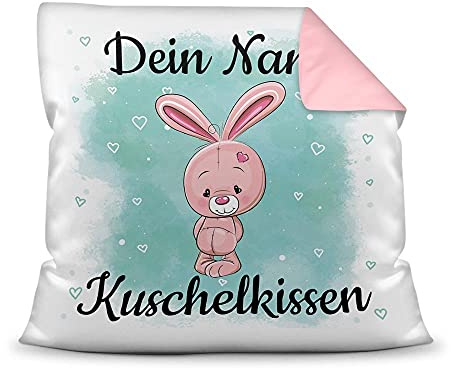 Print Royal Kissen mit Füllung für Kinder - Tiermotiv Hase - für Mädchen und Jungs - mit Wunschname beschriften - Hase - Farbkissen Rückseite Rosa, 40 x 40 cm