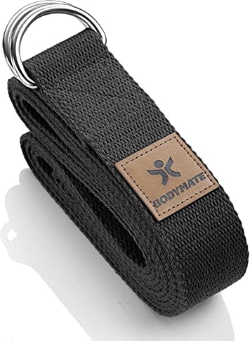 BODYMATE Yogagurt mit Verschluss aus Metall, Yoga-Band für Anfänger und Fortgeschrittene, Yoga-Schlaufe aus 100% Baumwolle, Yoga-Strap 250cm lang und 3,8 cm breit, Black