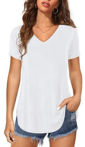 Florboom Ladies Short Sleeve Tops Summer V Neck Curved Hem T Shirts, White 12 14
