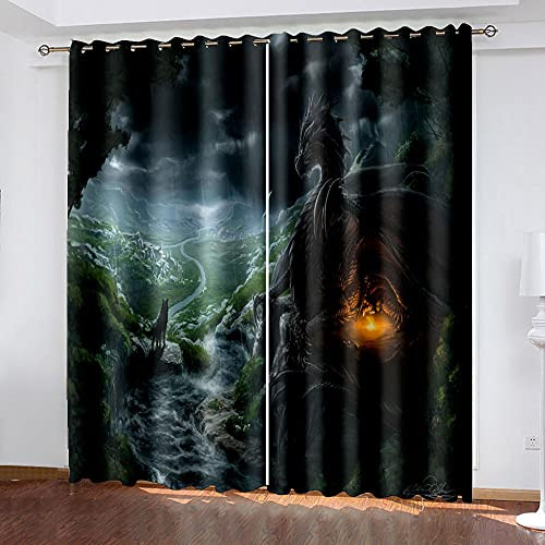 GXCBLK Vorhang Kinderzimmer Schlafzimmer Wohnzimmer Gardinen Mit Ösen 140X260Cm 2Er Set Ösenvorhang 3D Druck Waldtier Drache Wolf Muster Verdunklungsvorhänge Thermovorhang Dekoschals