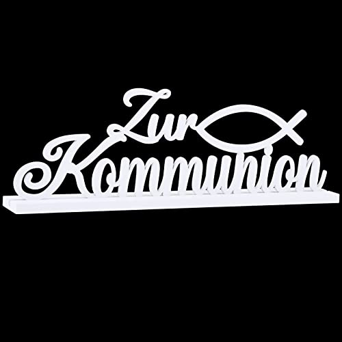 COLOFALLA Kommunion Deko 30x10cm Zur Kommunion Tischdeko Fisch Holz Aufsteller Schriftzug Erstkommunion Weiß Konfirmation Holzdeko Junge Mädchen