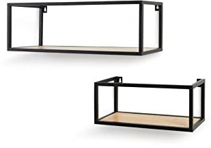 LIFA LIVING 2er Set Wandregal im Industrie Design, Schweberegal aus schwarzem Metall & Holz, 2X quadratisches Hängeregal für Wohnzimmer & Flur, Belastbarkeit 2 kg