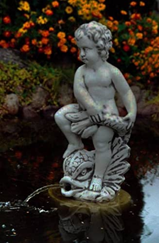 Casa Padrino Jugendstil Wasserspeier Skulptur Junge mit Fisch Grau 19 x 21 x H. 83 cm - Elegante Wasserspeier Stein Figur - Barock & Jugendstil Garten Deko Accessoires
