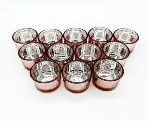 Set of 12 Mercury Glass Tea Light Holders Candle Votive Wedding Decoration 3.3 CM H (ROSE GOLD)