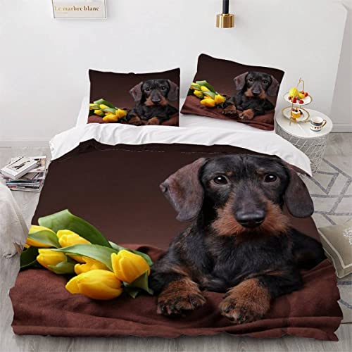 Bettwäsche 135×200 3D Gedruckt 4teilig Dackel Welpe 100% Mikrofaser mit Reißverschluss Gelbe Tulpe Kinder Soft Jungen Mädchen Bettwaren Bettbezug mit Kissenbezug 80x80 cm
