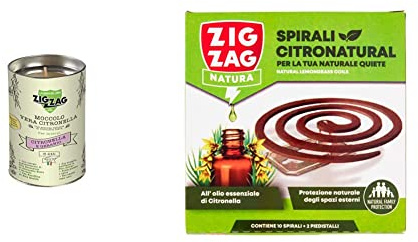 Zig Zag, Candela all'Olio Essenziale di Citronella e Geranio, Moccolo per Interni, made in Italy, durata 24 Ore & Spirali Citronatural, Naturali senza insetticida per esterno