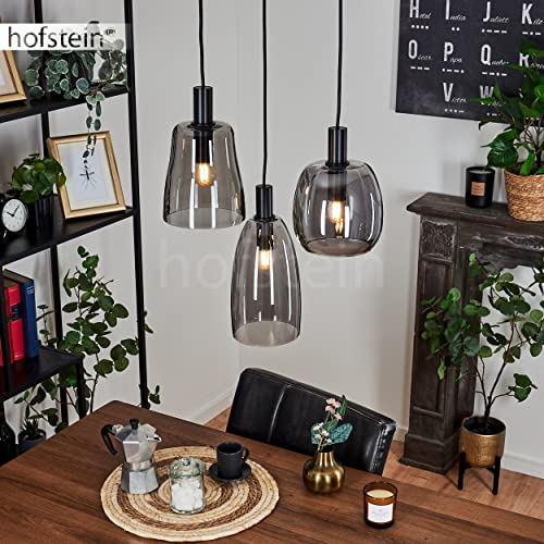 Hängeleuchte Kenong, Hängelampe aus Metall/Glas in Schwarz/Rauchfarben, Leuchte 3-flammig im Retro Design m.Schirmen aus glas (Ø 12cm,; 14cm;13,5cm), Höhe max. 150cm, 3x E14 max.40W, ohne Leuchtmittel