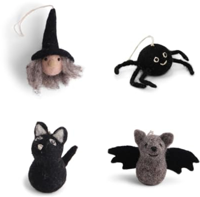 Gry & SIF handgemachtes Halloween-Set aus Filz, Halloweendeko zum Aufhängen, Herbstdeko zum Aufhängen, Hexe, Fledermaus, Schwarze Katze und Spinne | 4er Set