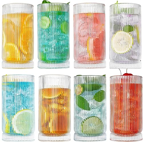 wookgreat Trinkgläser, Origami-Stil, 8 Stück Glasbecher, 425 ml Longdrinkgläser, elegante geriffelte Vintage-Glaswaren, gerippte Gläser, gestreifte Gläser, Eiskaffeegläser für Cocktail, Whiskey, Saft