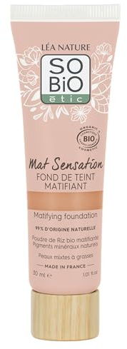 LÉA NATURE SO Bio étic | Bio-zertifizierte mattierende Foundation – Mat Sensation | Goldbeige | vereinheitlicht & mattiert den Teint | Mattierendes & Puder-Finish | Mattierendes Bio-Reispulver | Vegan