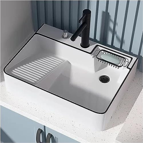 CATANK Badezimmer-Waschbecken über der Theke, rechteckiges Keramik-Balkon-Waschbecken mit Pop-Up-Ablauf, Waschbrett und Wasserhahn für Waschküche, Hauswirtschaftsraum, Garage
