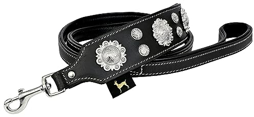 MICHUR Nero Leine Hundeleine Leder, Lederleine Hund, Leine, schwarz breit mit schönem Stanzmuster, Leder, 150cm, passendes Halsband Vespasian ist separat erhältlich
