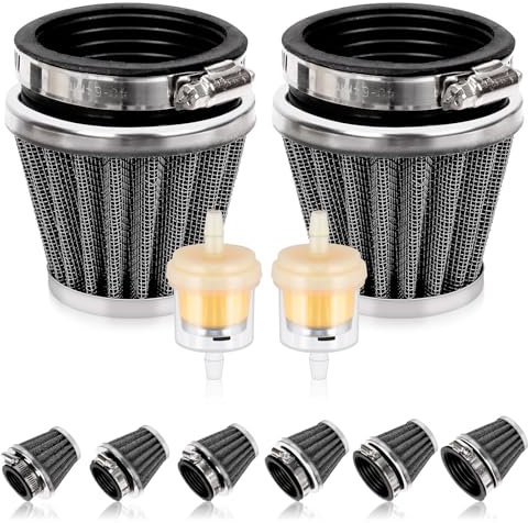 Swpeet 2 filtros de aire para motocicleta de 60 mm con 2 filtros de combustible, kit surtido de repuesto universal de aspiración de cono para motocicleta de 50 cc, 110 cc, 125 cc, 150 cc, 200 cc, ATV