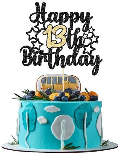 Gyufise 1Pc Happy 13th Birthday Cake Topper Black Gold Glitter Happy 13 Birthday Cake Decoration for 13 & Fabulous Birthday Hello 13 Party Anniversary Party Cake Decorations Supplies