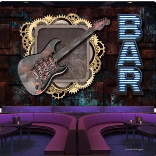 MOBYAT Papier peint 3D nostalgique en métal industriel vent guitare Iron Gear papier peint 3D Rock Music Bar KTV décor peintures murales de fond, 3D, 350x245 cm