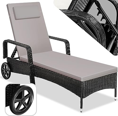 TecTake® Bain de Soleil Chaise Longue en Resine Tressee Résistant Cadre en Aluminium Inclinable avec roulettes Transat Salon de Jardin Exterieur Mobilier de Jardin Chaise Longue Piscine Plage - Noir