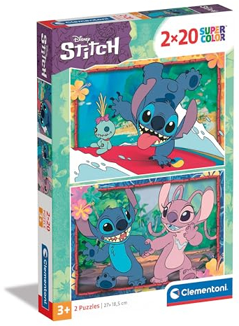 Clementoni Puzzle - Disney Stitch - 2 Supercolor Puzzles Infantiles De 20 Piezas, para Niños 3-5 Años, Desarrolla La Concentraciòn Mentàl Y La Logica, 24809