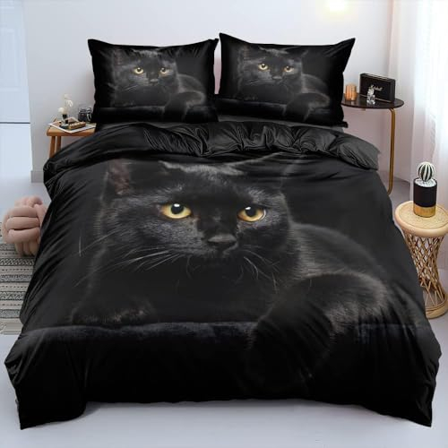 DXHOME Bettwäsche Katze 155x220 Haustier 3D Effekt Wendebettwäsche Weich Komfort Schwarz Mikrofaser Bettwäsche 3 teilig für Jugendliche Mädchen Jungen mit Reißverschluss und 2 Kissenbezüge 80x80 cm