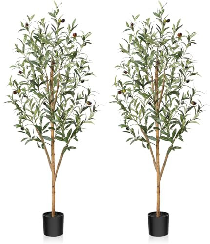 Fopamtri Olivenbaum Künstlich 120 cm Künstliche Pflanzen Groß Fake Kunstpflanze mit Naturholzstamm und Früchten, Künstlicher Olivenbaum im Topf für Haus Schlafzimmer Büro Garten Dekoration (2 Stück)