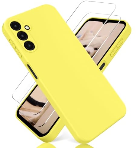 YiKaDa - Coque pour Samsung Galaxy A35 5G, avec [2 Pièces] Protection d'écran en Verre Trempé, Housse Silicone TPU Liquide - Jaune