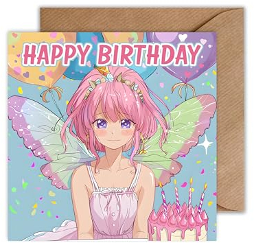 WBdesignz Anime Happy Birthday Geburtstagskarte Mädchen mit Umschlag - Anime Fairy Girl Manga Karte zum Geburtstag Glückwunschkarte (125 x 125 mm)