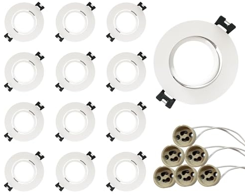 GY 12er LED Einbaustrahler inkl. GU10 Fassung, LED GU10 Einbaurahmen Decken Spot Weiß Rund, Fassung für MR16 LED Leuchtmittel, 35° Schwenkbar, Ø75 x 85mm Lochdurchmesser