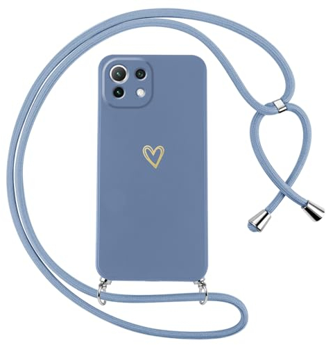 Oelrstfe Handyband für Xiaomi 11 Lite 5G NE/Mi 11 Lite 4G/5G Hülle mit Band Herz Motiv Handyhülle für zum Umhängen Silikon Stoßfest Ultra Dünn Weich Schutzhülle mit Kordel Kette Love Muster Case,Blau