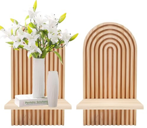 Tefola Böhmische Wanddeko Holzregal, Gestreifte Holzpaneele mit schwebenden Regalen, Boho Wandregal für Blumentöpfe, Bücher, Kerzen, Wohnbereich, Schlafzimmer, Schlafzimmer