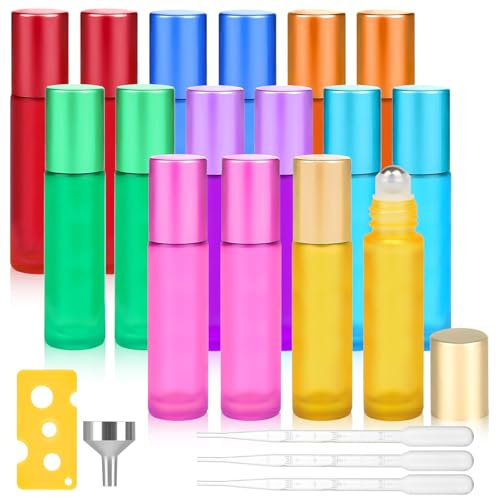 16pcs Roll on Glasflaschen für Ätherisches Öl, 10ml Roll on Flasche Leer mit Edelstahl-Ball, Bunt Rollon Flaschen mit Öffner, Tropfer, Trichter für Ätherische Öle, Parfüm, Massage