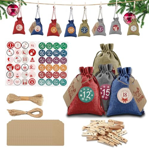 TAIHOBO Bolsas Calendario Adviento para Rellenar, Calendario de Adviento para Rellenar, 24 Calendario Adviento Bolsas Reutilizable, Bolsas Calendario de Adviento DIY, para Decorar Árboles de Navidad