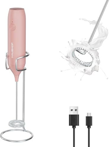 HAUSHOF Milchaufschäumer Stab, Wiederaufladbarer Hand-Milchschäumer, mit Schneebesen aus Edelstahl, mit Ständer, mit USB-Ladekabel, Einfache Handhabung für Kaffee, Cappuccino, Latte, Rosa