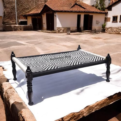 AUTHENTIC HUB Jute Charpai, Handmade Indian Furniture, Black & White Thread Woven Bed, Garden Daybed, Outdoor Bench, Queen Size, Twin Mattress, Wooden Daybed, Authentic HUB
