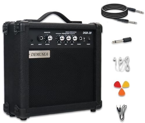 Demusea 20W Watt Basso Elettrico Nero Amplificatore Portatile Viaggio Mini Practic Amp Jack per Cuffie Aux Treble Medio Basso Mp3 con Adattatore Cavo Picks per Chitarra in