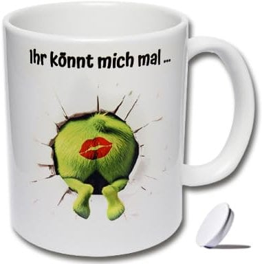 Freche Tasse mit Deckel Ihr könnt mich mal ... Kaffeetasse Büro, lustige Tasse für Kollegen, Tasse mit Monster im Grinch-Stil (Weiße Tasse inkl. weißem Tassendeckel)