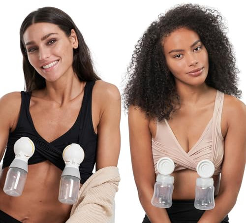 Larken Hands Free Pumping Bra for Breastfeeding | Breast Pump - Maternity Bras for Pregnancy, Pumping & Nursing Bra in One, Black & Sand 2 Pack, XXL