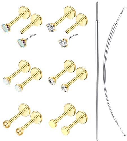 Morfetto 6 Paar Helix Piercings Chirurgenstahl (1.2mm),Hypoallergene Tragus Piercing Set Piercing Ohr Labret Conch Nasenpiercing Stecker Lippenpiercing,Gold Tragus Ohrringe Piercings Schmuck