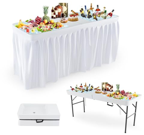 KOMFOTTEU Mesa Enfriadora de Hielo con Falda Desmontable, Carga 100 kg | Mesa de Camping Plegable con Doble Drenaje, para Picnic, Barbacoa, Fiesta, 150 x 60 x 79 cm