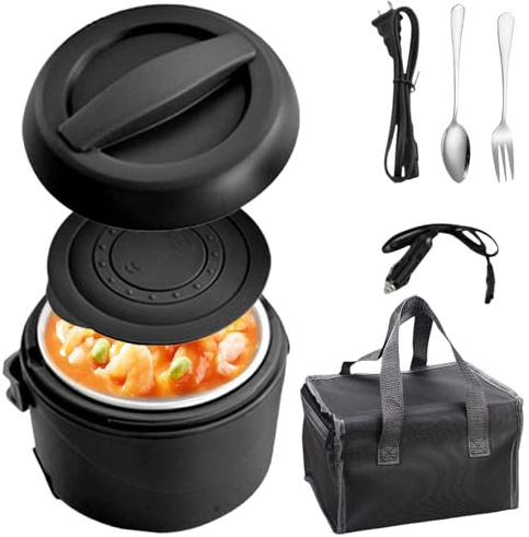 Behogan Caja De Almuerzo Eléctrica Recipiente Termo De 1200 Ml Calentador De Comida Para El Coche Con Calefacción Extraíble Negro
