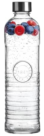 Wasserflasche, Trinkflasche, Glasflasche für 1 Liter – 1x gestreift | transparente Karaffe – Retro & Vintage-Stil – luftdichter Schraubverschluss, auslaufsicher – Umweltfreundlich – Seaside No.64