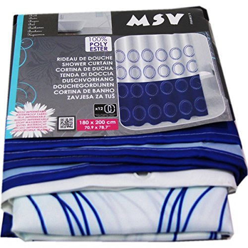 MSV 140825 Rideau de Douche Polyester + Plastique Polypropylène Blanc/Bleu 180 x 200 x 0,1 cm - 12 anneaux inclus