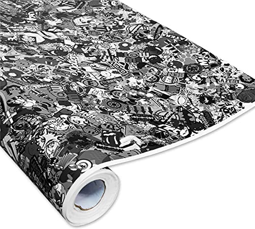 Auto-Dress® Stickerbomb Auto-Folie mit Luftkanal-Technik für 3D Car-Wrapping | Mit Marken & Logos, JDM Kfz Aufkleber (30x150cm, Design: Special, Farbe: Schwarz-Weiß, Finish: Matt)