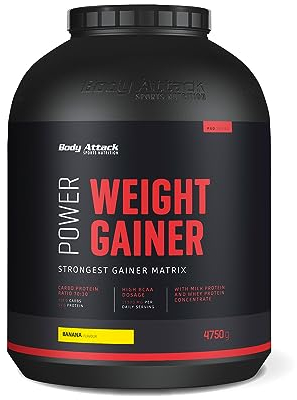 Body Attack Weight Gainer - Banana - 4,75 kg - Dein Mass Gainer für Masseaufbau & Muskelaufbau - Mit Whey Protein, BCAA und Kohlenhydraten - Dein fettarmer Masse Shake für hochwertige Kalorien