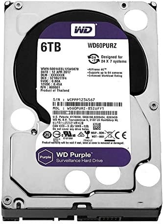 Western Digital WD60PURZ WD Purple Hard Disk per Videosorveglianza con Tecnologia Allframe 4K 3.5 Pollici SATA 6 GB/s 180TB/Anno, 64 MB Cache, 5400 RPM, 6 TB, Grigio
