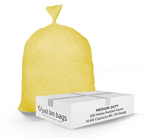 Rubbish Bags 80l Medium Duty Coloured Refuse Sacks Bin Liners - 100 Gauge, 25 Micron, Weight Capacity 10kg - 45cm x 72cm x 97cm (200 Bags) - Yellow