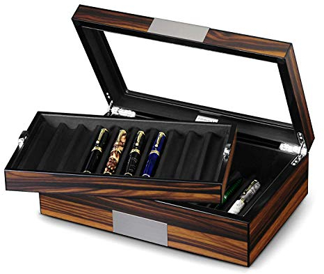 Lifomenz Co Stift-Präsentationsbox aus Ebenholz, für Füllfederhalter, Aufbewahrungsbox für 20 Stifte mit Glasfenster, Stiftsammelbox mit Tablett
