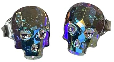 Totenkopf Kristall mit 925 Silber Ohrstecker verziert Aurore Boreale