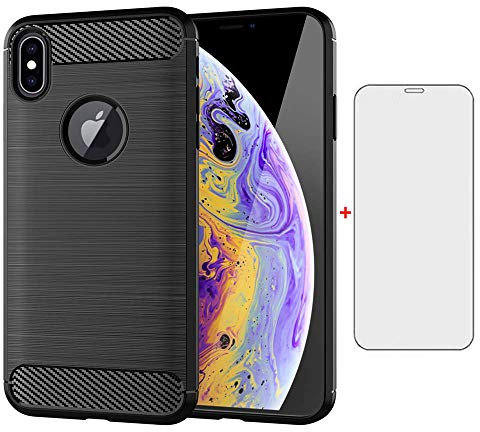 Phone Case for iPhone Xs Max and Tempered Glass Screen Protector Film Cover with Mobile Bumper Accessories Shockproof Silicone Rubber iPhonexsmax i Xsmax X Max SX XR 10xs 10s 10 Plus Xmax Black